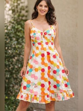 Bernie Dexter Retro Sundress Size M Colorful Geometric Print Cotton Fit & Flare